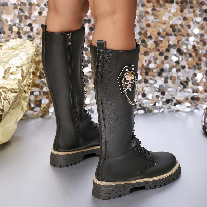 Plus Size Knight Boots Women's Winter 2025 New Round Toe Platform British Style Chain No More Than Knee Boots