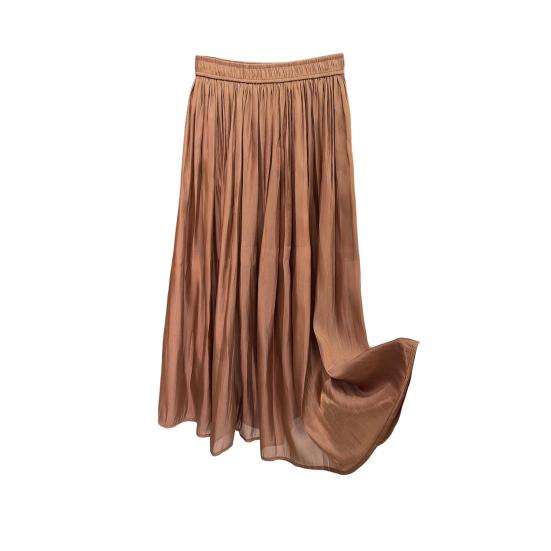 Women Maxi Skirt Elastic High Waist Pleated A-Line Swing Skirt Glossy Pearlescent Yarn Chiffon Pleated Skirt