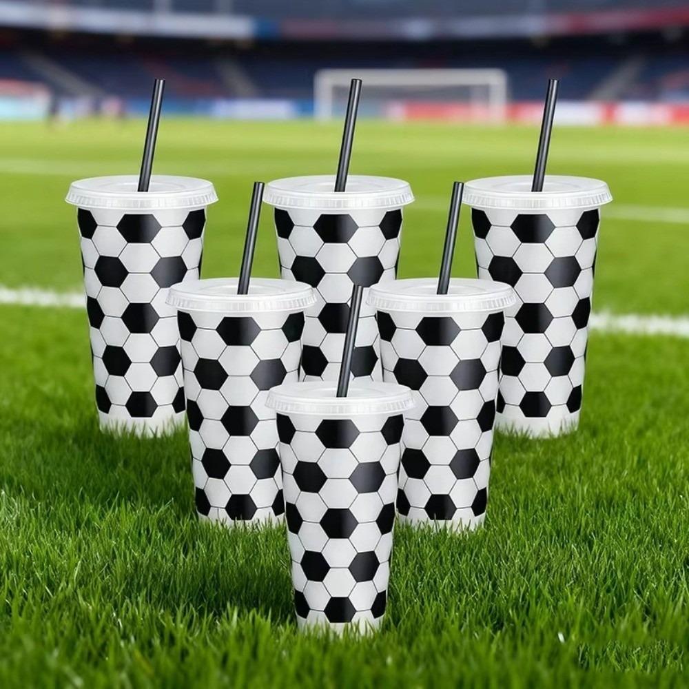 6 Pcs Set 24 OZ Soccer Cups Large Capacity Reusable Milk Tea Cup Stackable with Lid and Straw Straw Cup