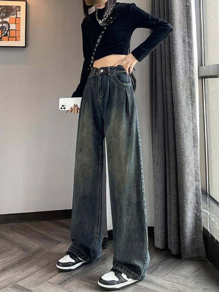 Women Vintage Straight Loose Drape Jeans 90s High Waist Elegant Wide Leg Mop Pants Korea Fashion Plus Size Casual Trousers Streetwear
