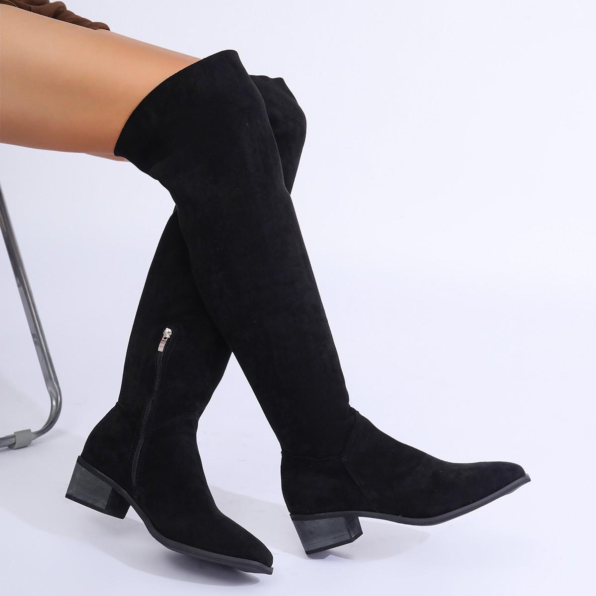 

2025 Plus Size Shoes Female Over-the-Knee Women s Boots Concise Modern Boots Women Round Toe Med Heel Side Zip Ladies Shoes 35 чёрный