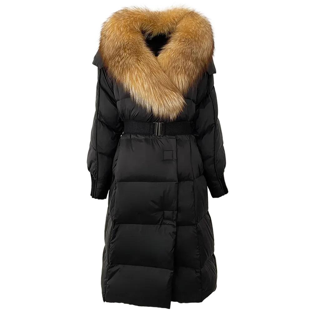 OFTBUY Winter Jacket Women Long Natural Real Raccoon Fox Fur Collar White Duck Down Coat Belt Thick Warm Casual Outerwear