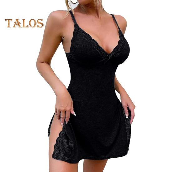 Women Summer Nightdress Spaghetti Strap Backless Deep V Neck Sleeveless Sleepwear Lace Trim Split Hem Nightie Bedroom Honeymoon Wedding Night Slip