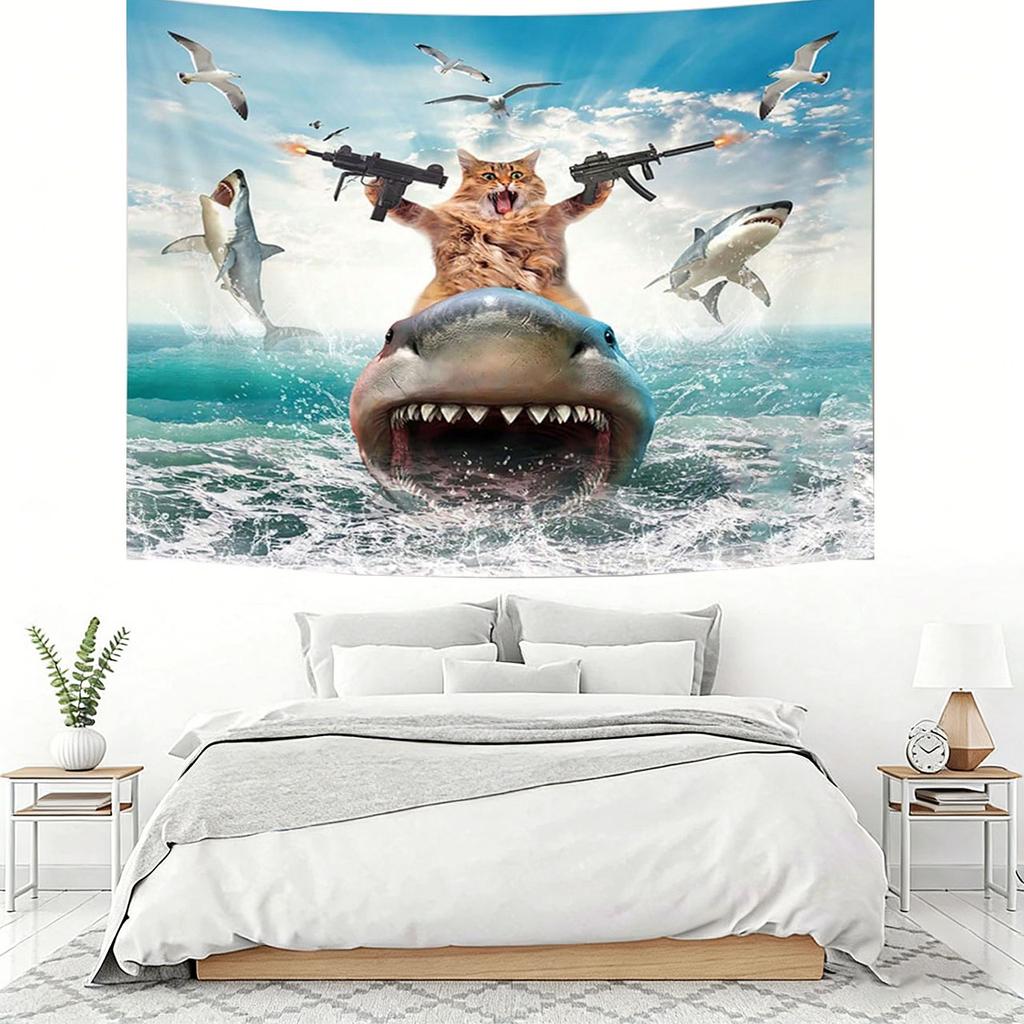 Grtuspr Funny Cat Riding Shark Tapestry Blue Ocean Theme Wall Hanging Wall Art Decor for Bedroom Living Room Dorm Home Deco