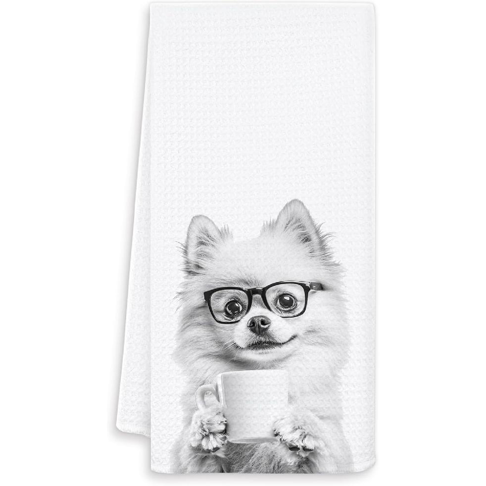 Funny Pomeranian Kitchen Towels, Pomeranian Gifts for Women Dish Tea Towels, Black and White Dog Lovers Owner Gifts Hand Towel for Kitchen, Coffee