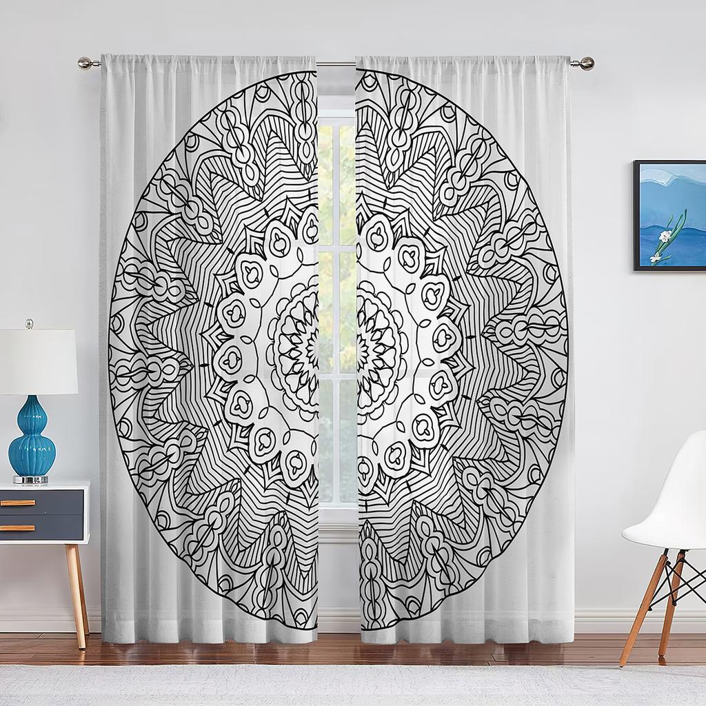 Schwarz-Weißes Boho Mandala Muster Tüllvorhänge für Wohnzimmer Schlafzimmer Dekor Transparent Chiffon Sheer Voile Fenstergardine