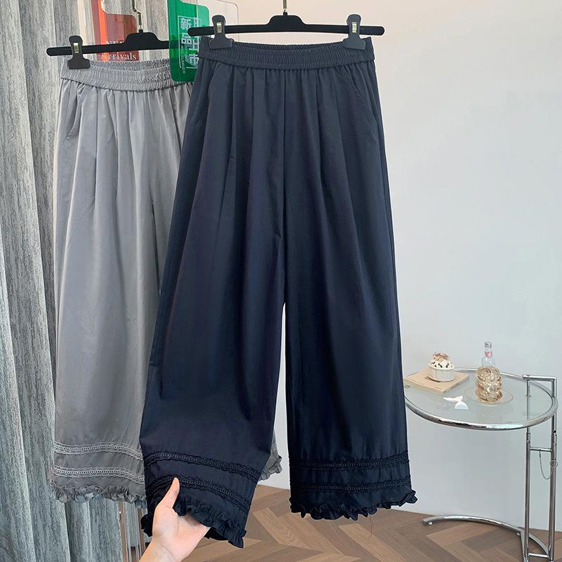 

Настоящие весенние и летние новые эластичные талии кружева ажурные грибовидные края широкие брюки свободные прямые брюки с девятью точками женская одежда 2XL тёмно-синий