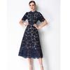 High Quaity Solid Lace Hollow Out Summer Dress for Women Elegant Stand Collar Short Sleeve Slim Midi Dresses