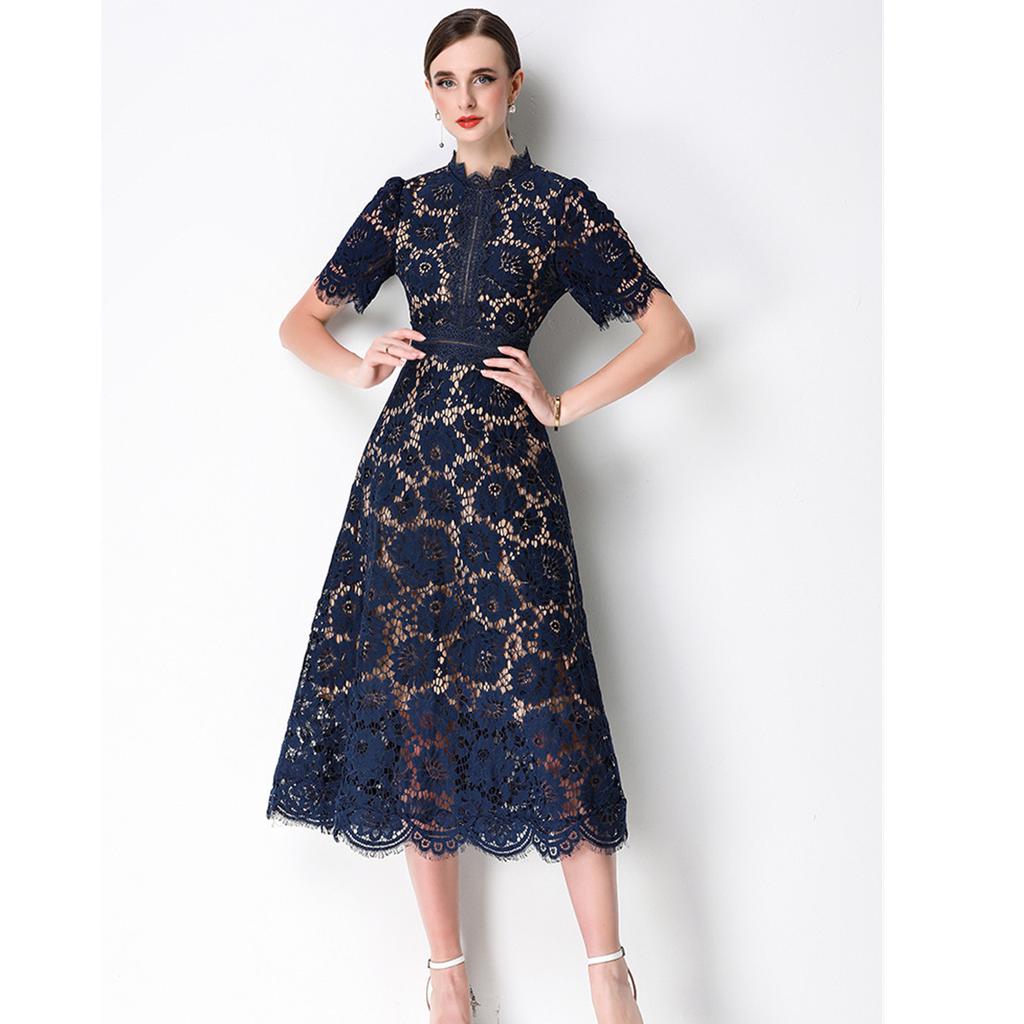 High Quaity Solid Lace Hollow Out Summer Dress for Women Elegant Stand Collar Short Sleeve Slim Midi Dresses