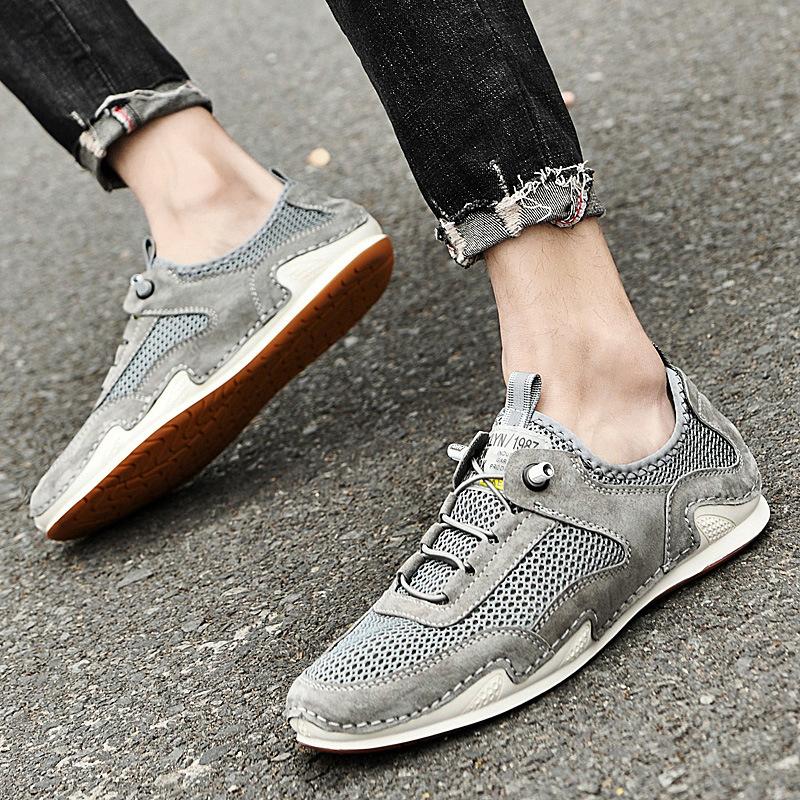 Summer Mesh Breathable Casual Leather Shoes Men's Genuine Leather Summer Men's Mesh Soft Bottom Trendy Beanie Shoes Lazy Casual Shoes