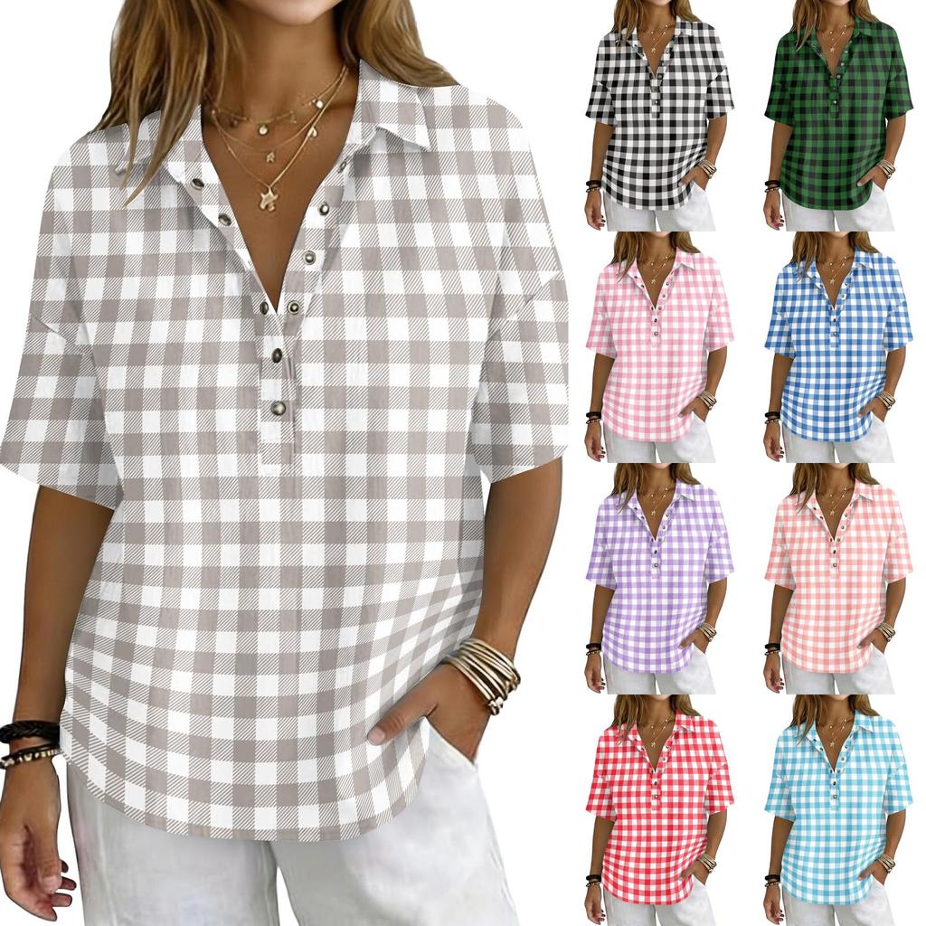 Women’s Turn Down Collar Button Up Vintage Print Short Sleeve Relaxed Fit Casual T Shirt Blouse Top for Everyday Wear