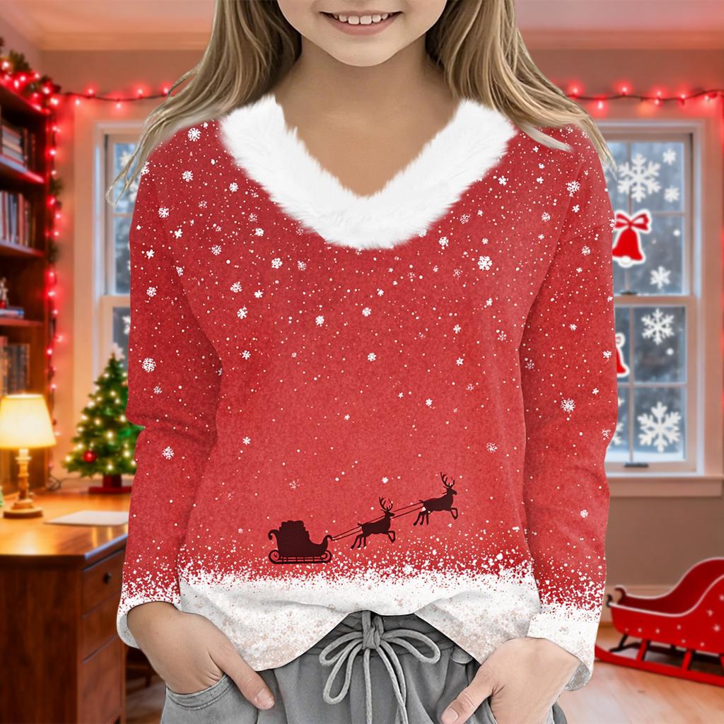 Christmas Day Girls Long Sleeve T Shirts Kids  Girls' V-Neck Tee Christmas Print Long Sleeve Top