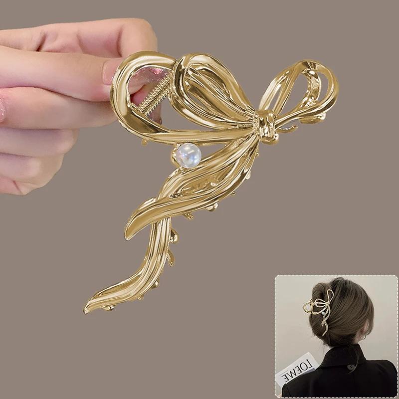 Large Bowknot Womens Hair Claw Clip for Thick Thin Hair Accessories Trendy Elegant Gold Silver Metal Streamer Crab Clamp Jewelry