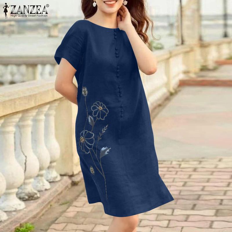 

ZANZEA Women Summer Casual Round Neck Short Sleeve Print Dress S светло-синий