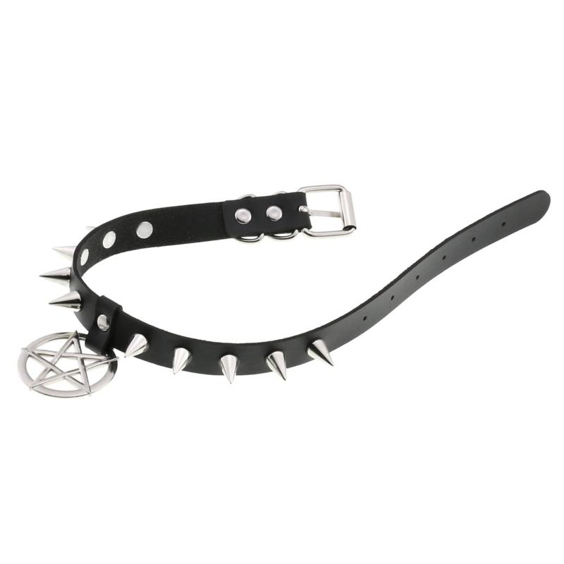 Spiked Choker Necklace PU Leather Goth Choker Collar with Pentagrams Pendant Punk Rock Collar Adjustable for Women Men