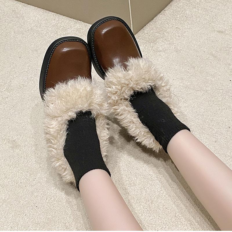 Women's Furry Lambwool Mary Jane Shoes Autumn Winter Keep Warm Plush Women's Thick Heel Shoes Elegant Square Toe Leather Shoes