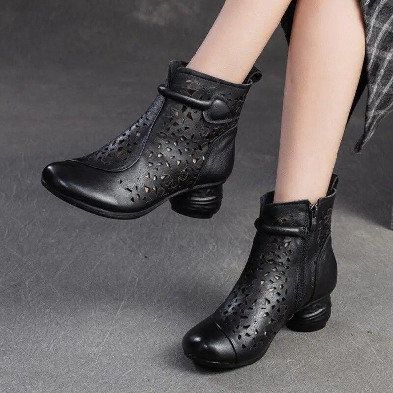 Johnature Retro Atmungsaktive Hohl-out Stiefel Sommer Sandalen Echtes Leder Mode High Heels Damen Schuhe