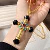 Medieval Turquoise Sparkling Diamond Inlaid Sweater Chain Double Sided Cross Crystal Necklace Female