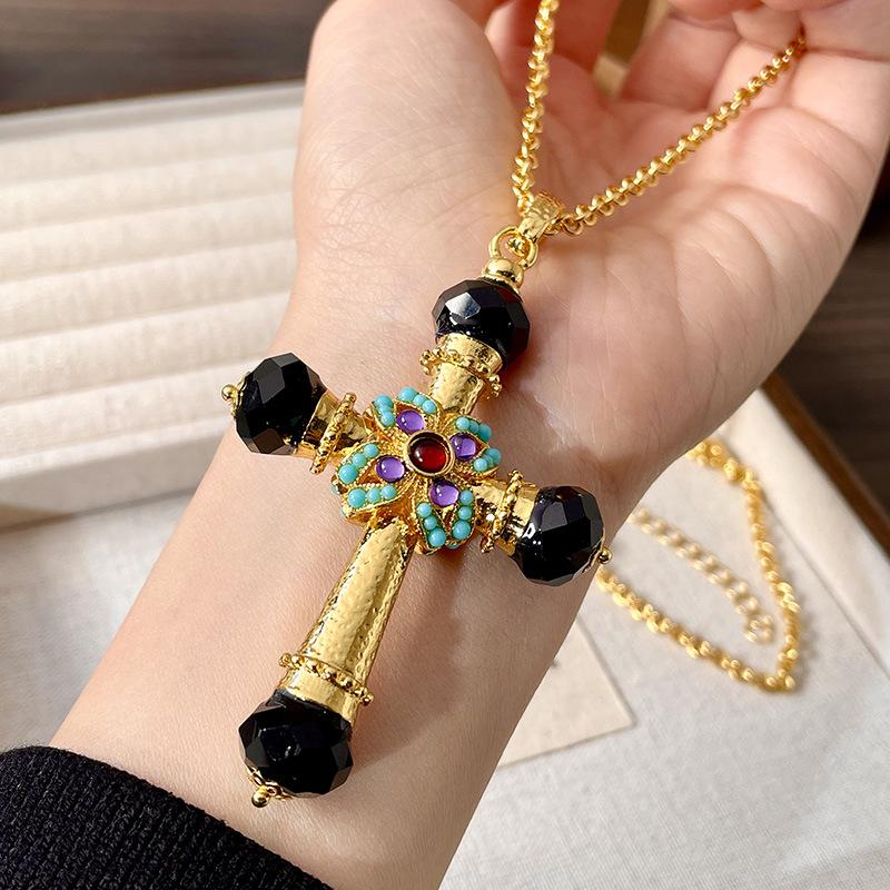 Medieval Turquoise Sparkling Diamond Inlaid Sweater Chain Double Sided Cross Crystal Necklace Female