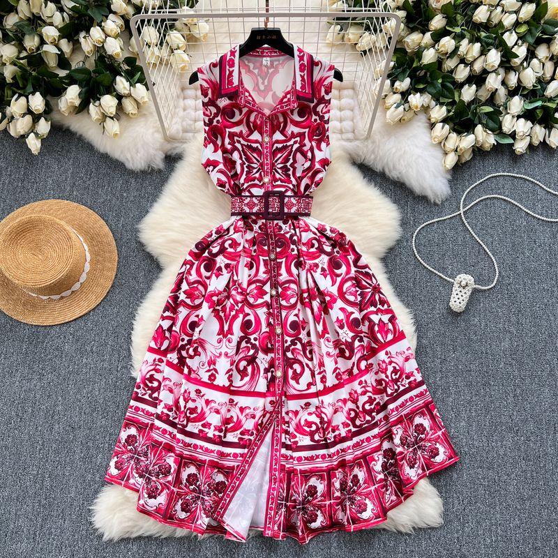

Vintage Court Style Print Dress Women s Summer Sleeveless Waist Slimming Sense of Design Special Interest Light Luxury Temperament Long Dress Rose Red 2XL