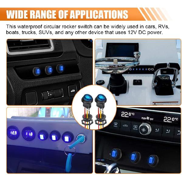 2PCS 12V UL Listed Round Rocker Switch, Waterproof LED Rocker Toggle Switch with Shell, Lighted ON Off SPST 3 Pin Rocker Switch for Car RV Marine