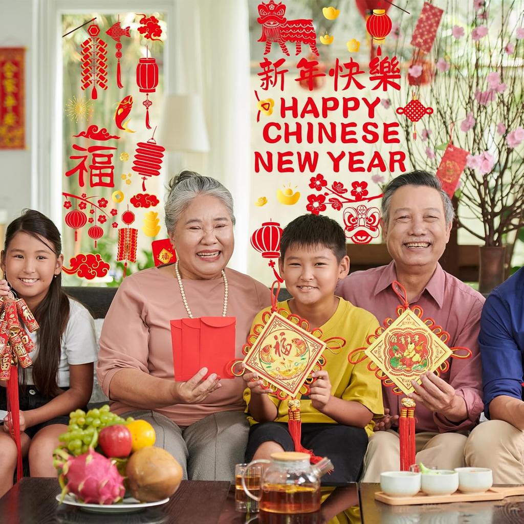 gisgfim Chinese New Year Window Clings Decoration Lunar New Year Stickers 2025 Chinese New Year Red Lantern Decals Spring Festival Decor for Window