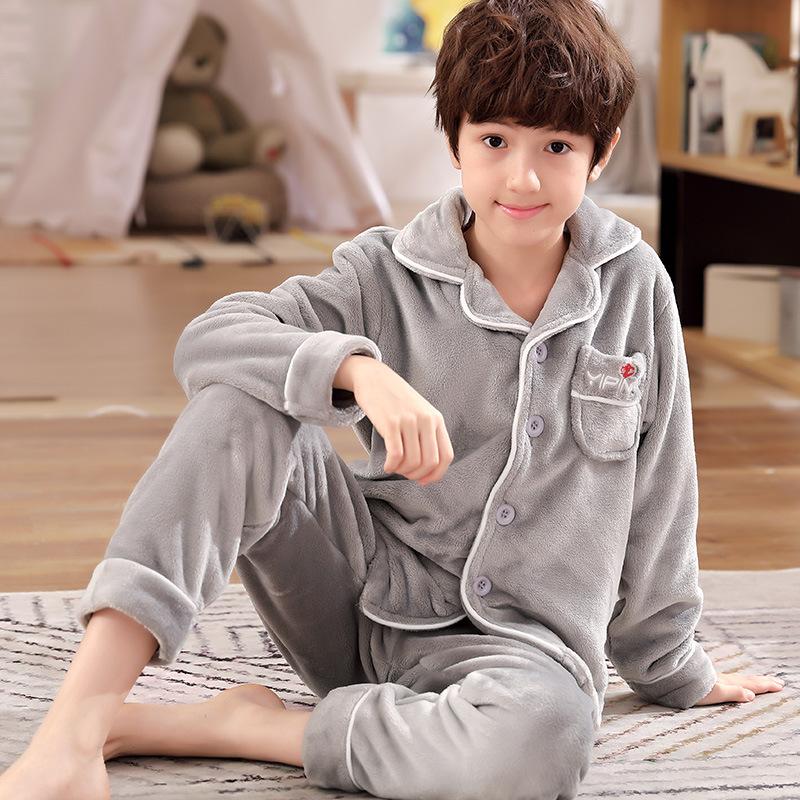 Kids Flannel Pajamas Set Boys Girls Warm Long Sleeve Top And Pants Sleepwear Winter Home Nightwear