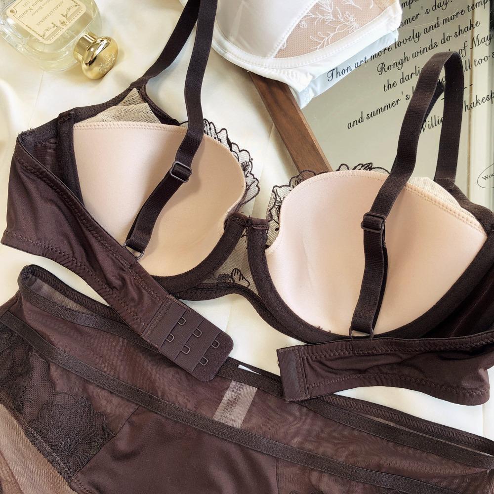 Sexy Lace Women Lingerie French Flowers Embroidery Bra Set Breathable Mesh Splicing Push Up Bras Hollow Thin Cup Underwear Sets