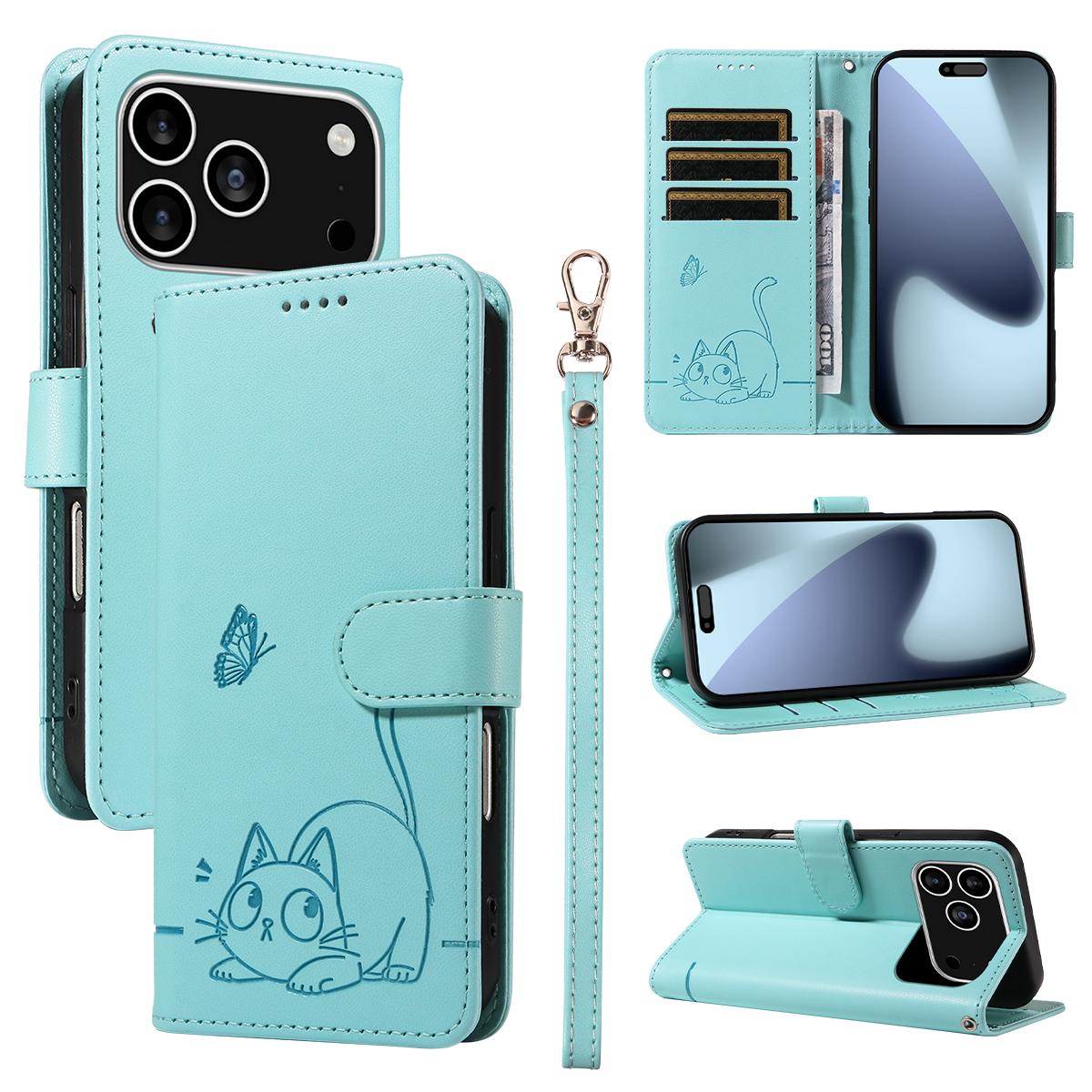 

For iPhone 17 Pro Case Cat Pattern Imprint Leather Phone Cover with Wrist Strap Green