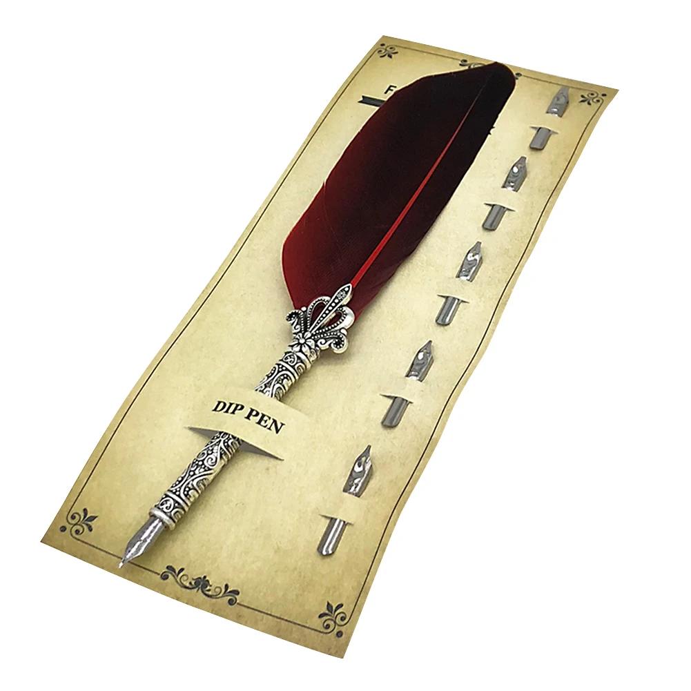 1 Set Vintage Feather Pen with 5 Pen-Nibs Oblique Pen Set Retro Calligraphy Feather Dip Pen Creative Birthday Holiday Gift Set