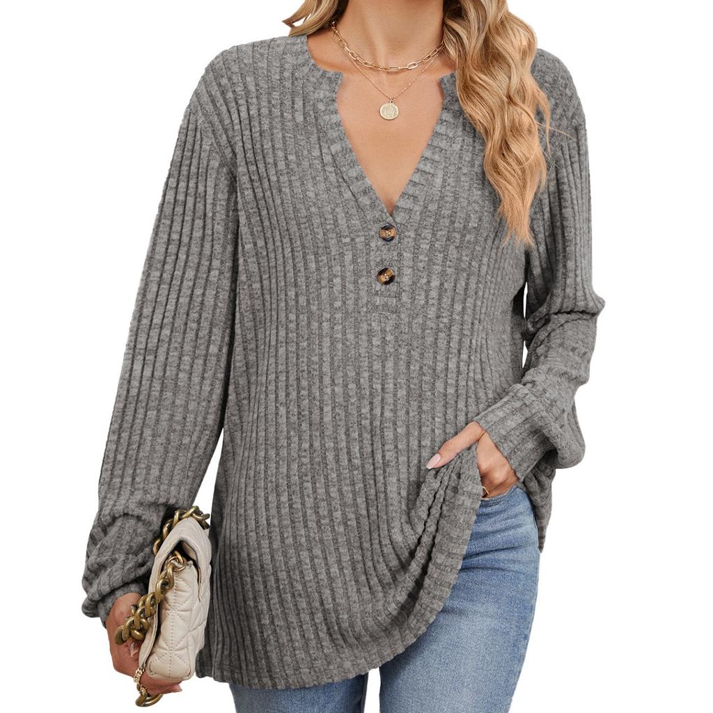 Fall Winter New Women's Solid Color Ribbed Brushed Button Loose Long Sleeve T-shirt Amazon Cross-border European American Style