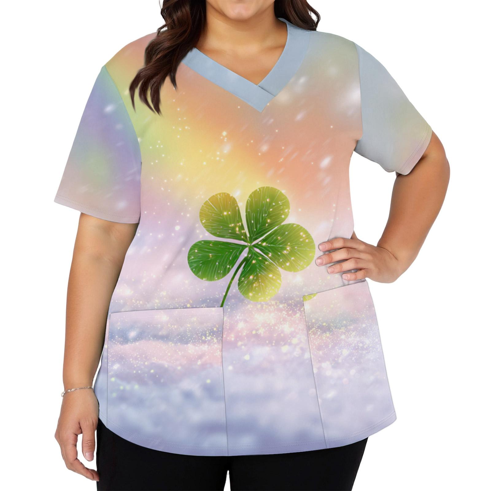 

Женская мода с v-образным вырезом, короткими рукавами и карманами, топы с принтом XXXXXL