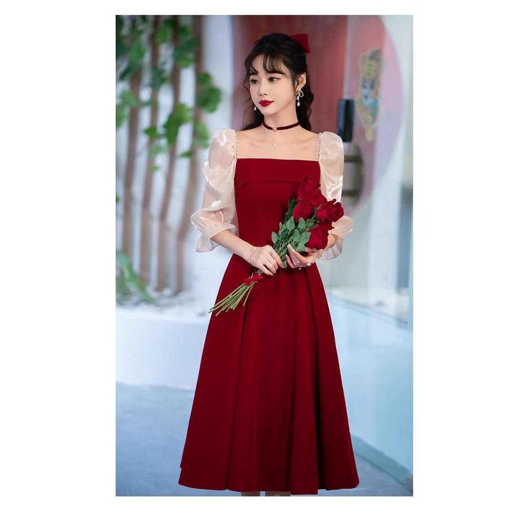 Robe d'été formelle courte haut de gamme couleur bordeaux - Tenue de toast ou tenue quotidienne pour la mariée 2025