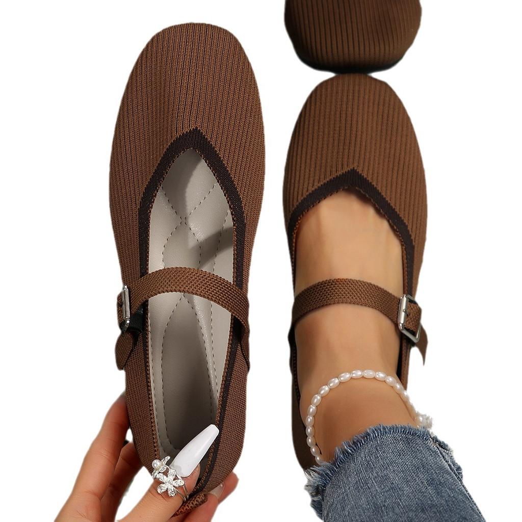 Large Size Flat-Bottomed Casual Work Single Shoes Women'S Flying Woven Round Head Light Mouth Retro Color Matching Shoes