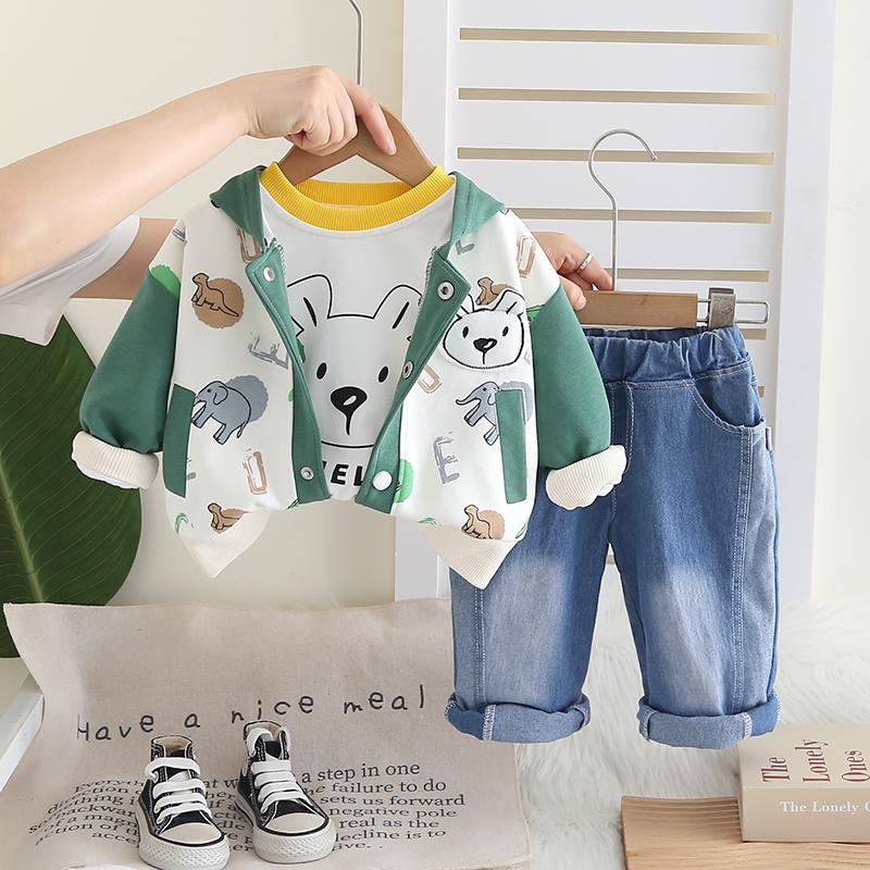 Boys' long sleeved 3-piece set, Children's hooded animal print jacket+cartoon T-shirt+casual denim pants, cute baby clothes