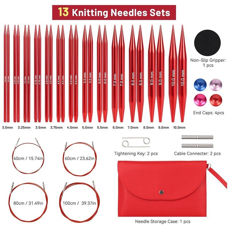 A84E-Aluminum Alloy Interchangeable Circular Knitting Needles Set- Diameter Range 3.0Mm To 10.0Mm Includes Storage Case For Craf