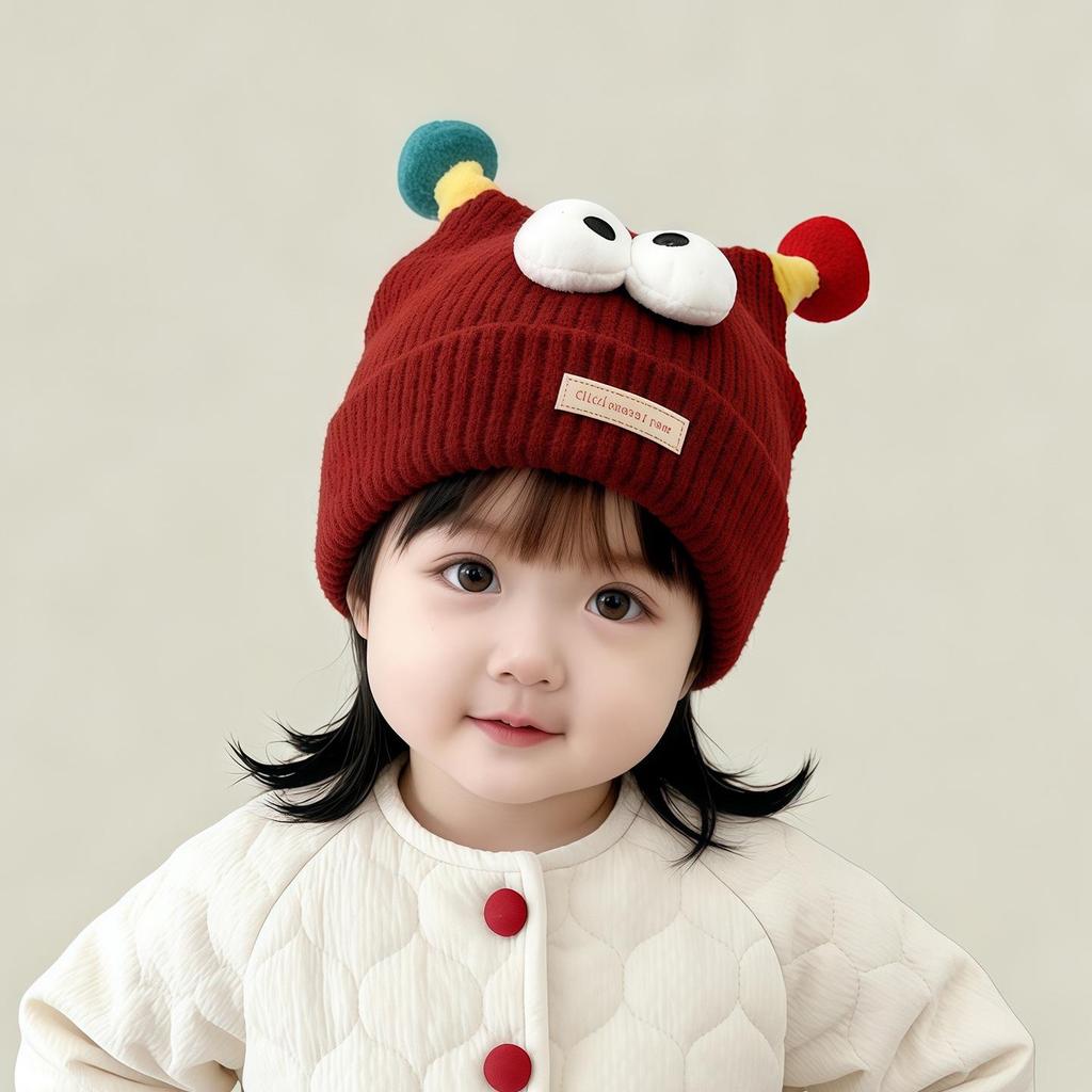 Festive Red Winter Knit Pullover Hat for Kids - Thick, Warm & Windproof with Ear Protection