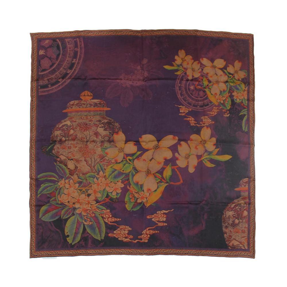Fragrant Cloud Yarn Purple Flower Design 42x42 Inch Elegant Xiangyun Silk Square Scarf for Women Daily Use