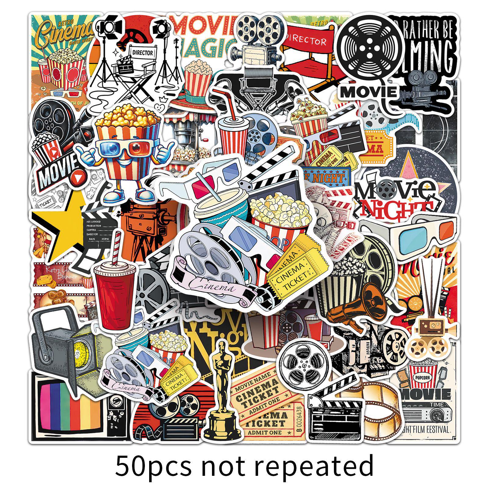50 Retro Movie Stickers: Cartoon Medieval Cinema Journal Decor, Waterproof Graffiti Set