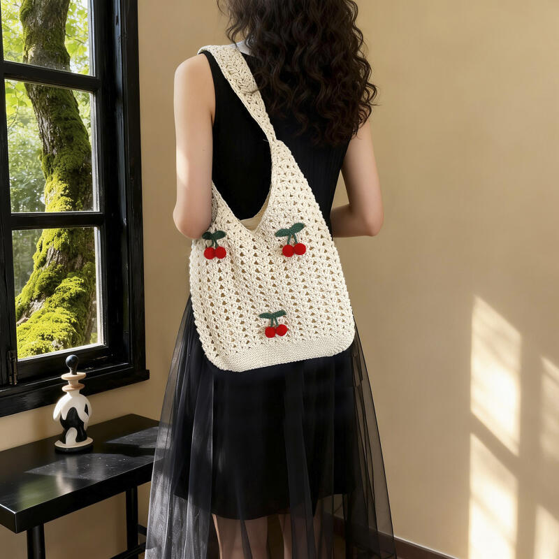 Charming Crochet Tote Bag with Cherry Embellishments – Handmade Summer Beach Bag for Women