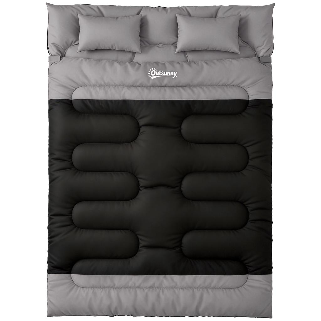 Double Sleeping Bag with 2 Pillows, 220 X 160 Cm Extra-Large Sleeping Bag for Adults, Black and Grey