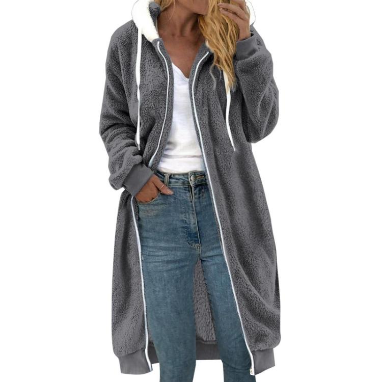 Women Hooded Coat Medium Length Solid Color Double Sided Plush Pocket Jacket S