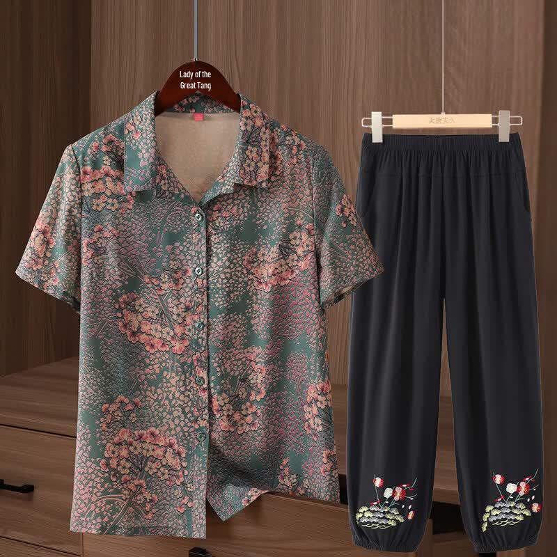 Elegant Women s Summer Short Sleeve Lapel Set 2XL