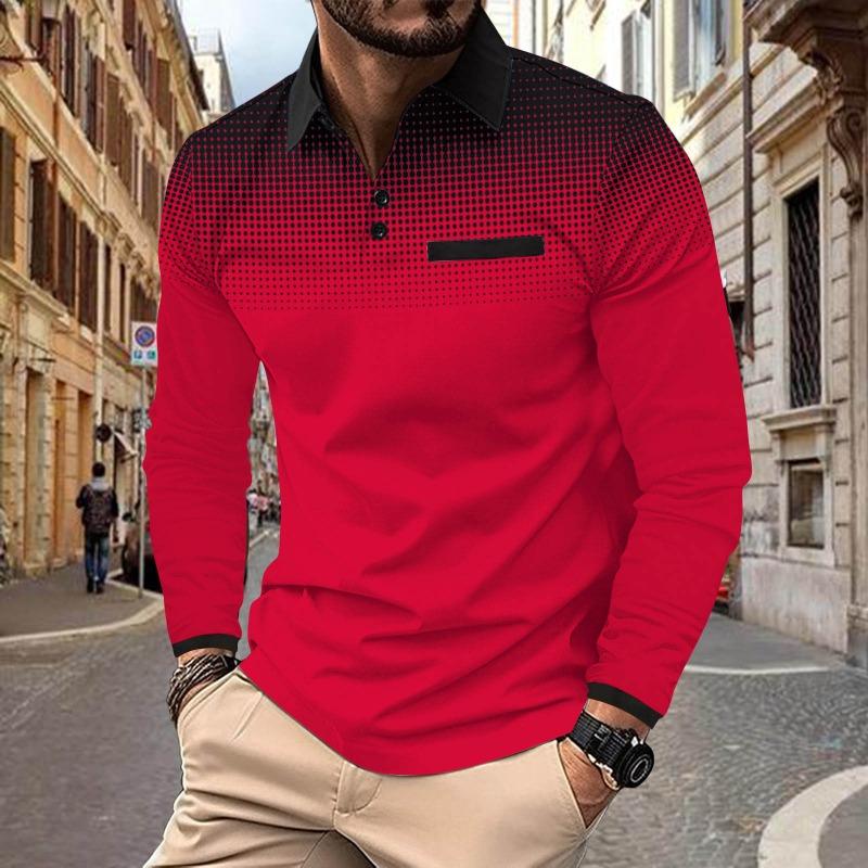 Autumn Men's Long Sleeved Polo Shirt with Printed Polka Dot Collar Sports Top