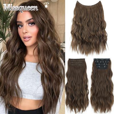 Natural marrom feminino moda longo ondulado extensões de cabelo fibra sintética grampos invisíveis feminino uso diário peruca