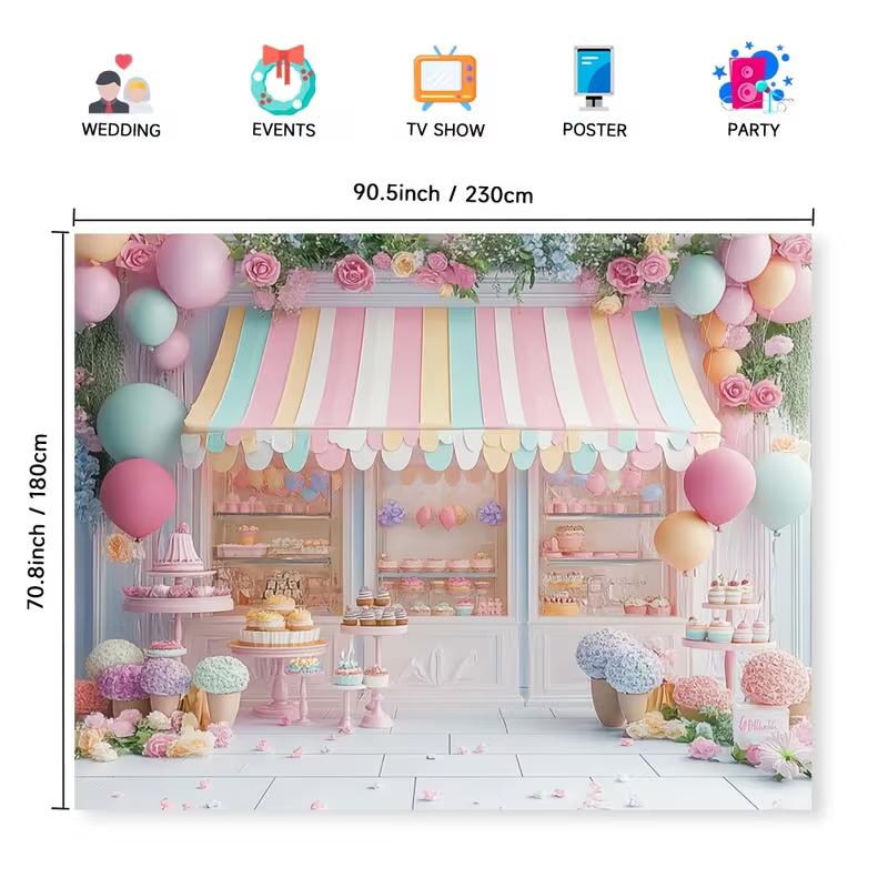 2D Cute Dessert Shop Backdrop, Pastel Macaron Photography Background