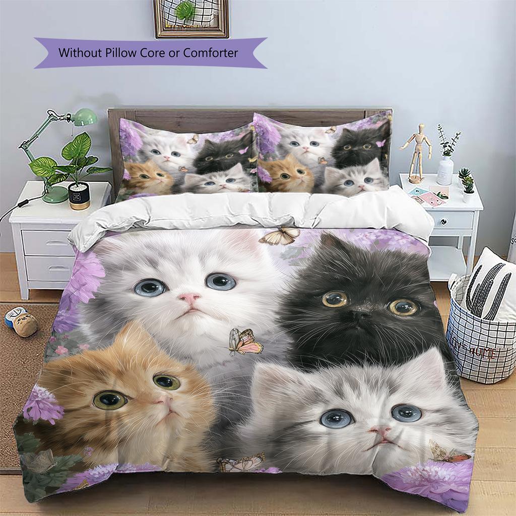 Purple Tabby Cat Pattern Bedding Quilt Set Quilt Cover Pillowcase Home Decoration Gift (1 * duvet cover + 2 * pillowcase, without core)