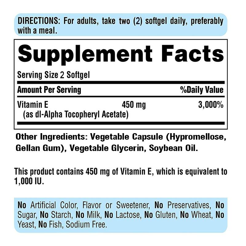 Vitamin E 450 mg (1000 IU) supports antioxidant activity and is beneficial for hair, skin, nails, and eye health. 120 capsules