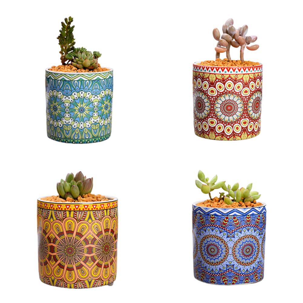 4Pcs/Set Nordic Style Mandala Pattern Ceramic Flower Pot Tabletop Decoration 4 pcs/set