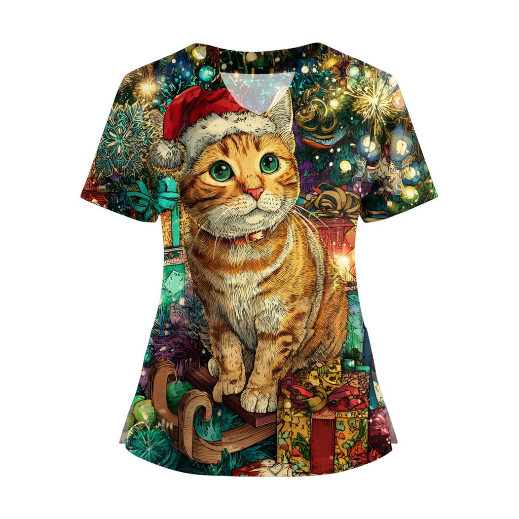 Damski T-shirt z krótkim rękawem z nadrukiem świątecznym, dekoltem w serek, zapinany na guziki z rozcięciem z boku